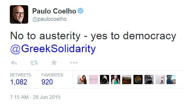 «Όχι στη λιτότητα, ναι στη Δημοκρατία»   O Paulo Coelho υπέρ των Ελλήνων