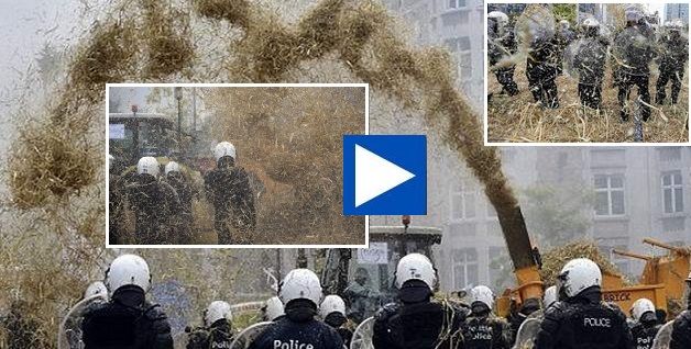 Οι αγρότες στις Βρυξέλλες έριχναν άχυρα στους αστυνομικούς!! (βίντεο)